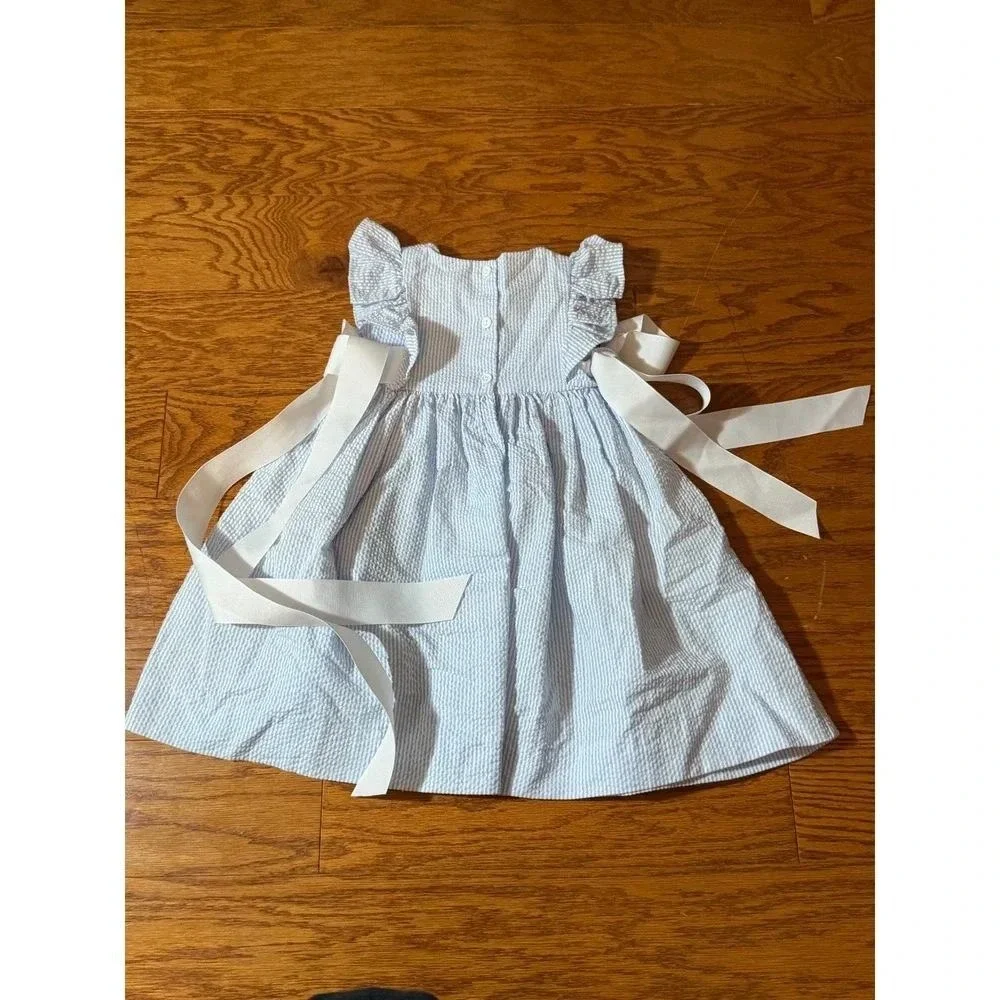 Funtasia Too Girls Blue Stripe Seersucker Ruffle Sleeve Dress Sz 24M NWOT Preppy